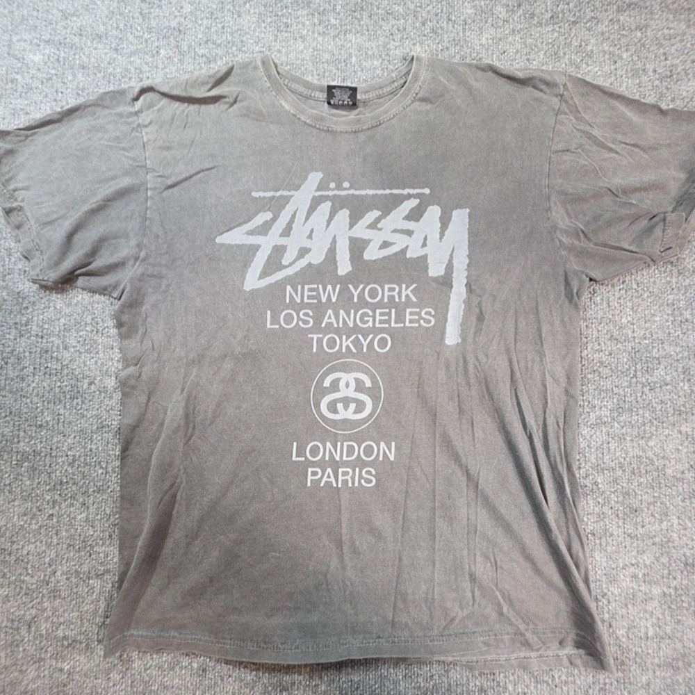 Stussy Shirt Mens Large Gray Cities Logo Graphic Streetwear Tee T-Shirt